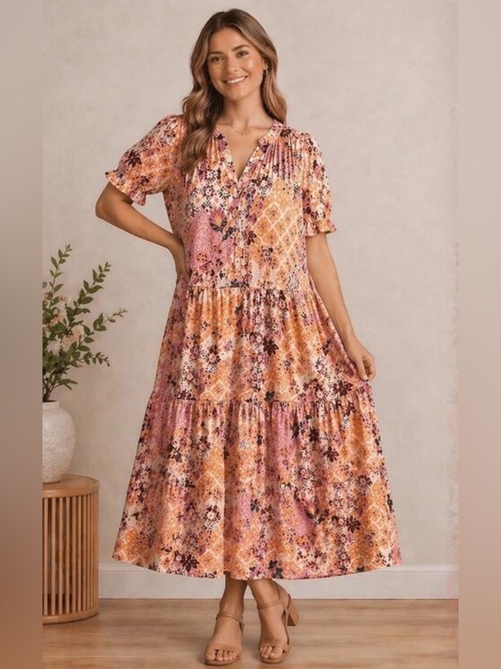 Dress Forum Los Angeles Boho Floral Maxi Dress Women's Small V-Neck Oversized